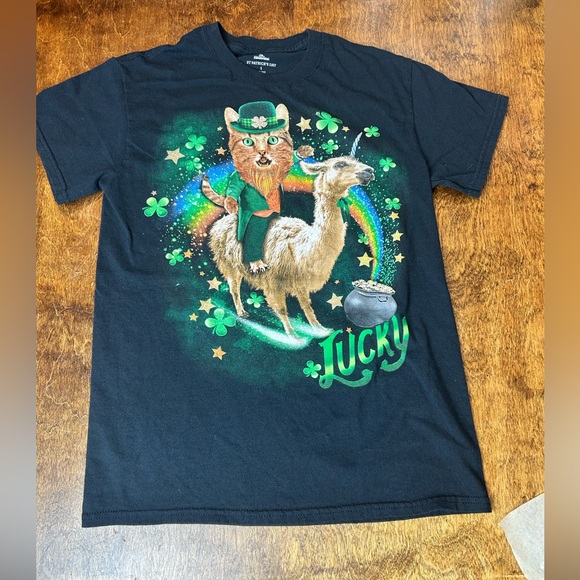 St. Patrick’s Day Black T-Shirt with Cat and Llama Design - Picture 9 of 16